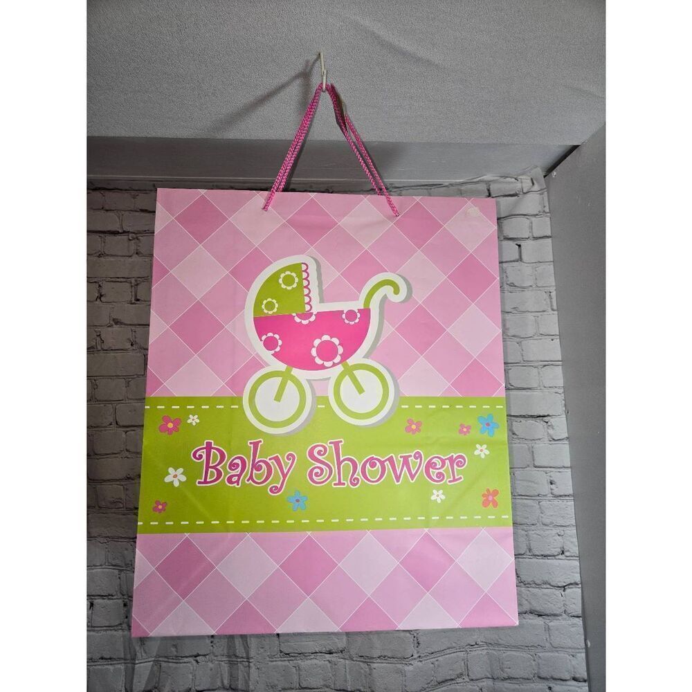 Any 20/$12 "Baby Shower" Pink & Green Plaid Baby Carriage Party Gift Bag
